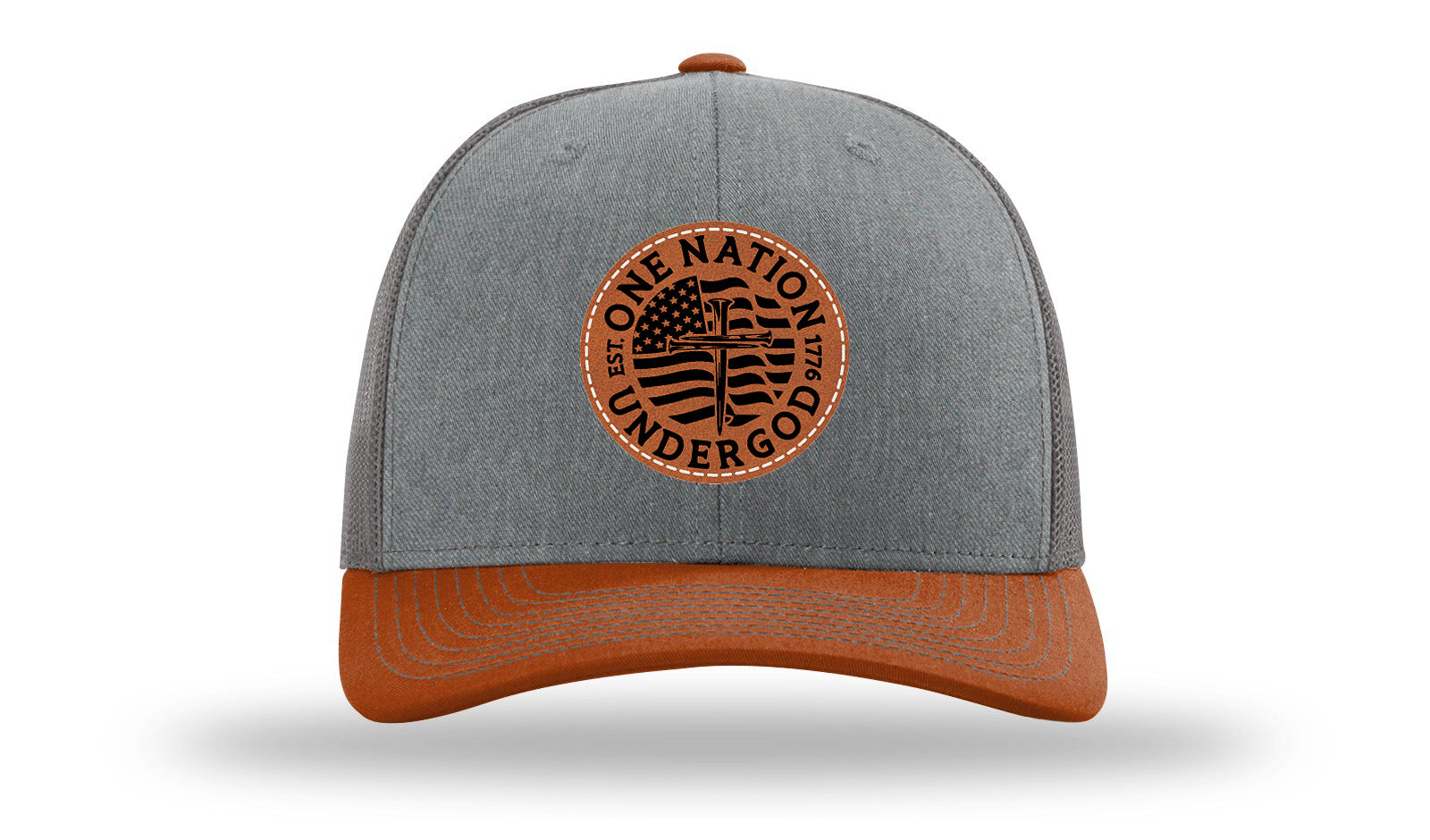 One Nation Under God Leather Patch Richardson 112 Hat-Heather Grey / Charcoal / Dark Orange