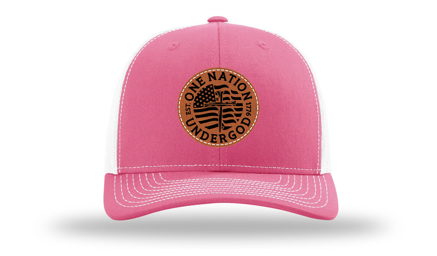 One Nation Under God Leather Patch Richardson 112 Hat-Hot Pink / White