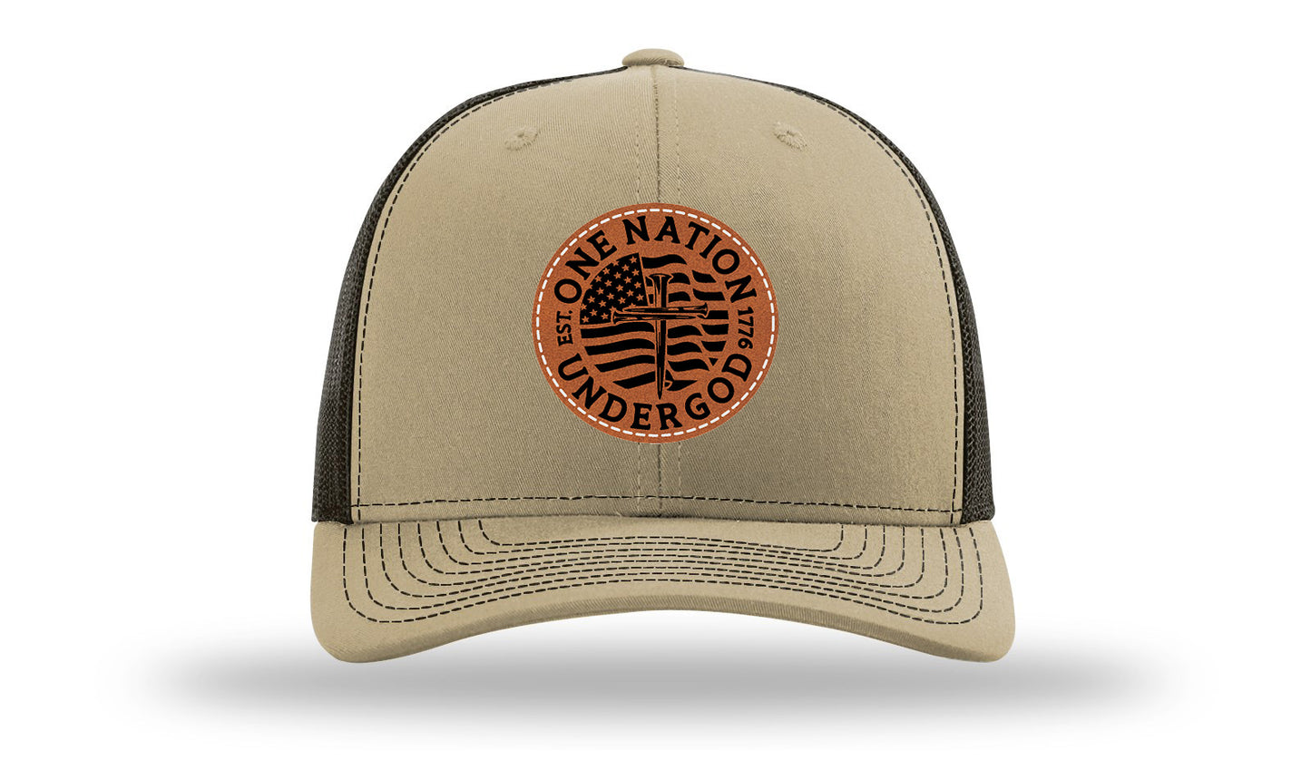 One Nation Under God Leather Patch Richardson 112 Hat-Khaki / Coffee