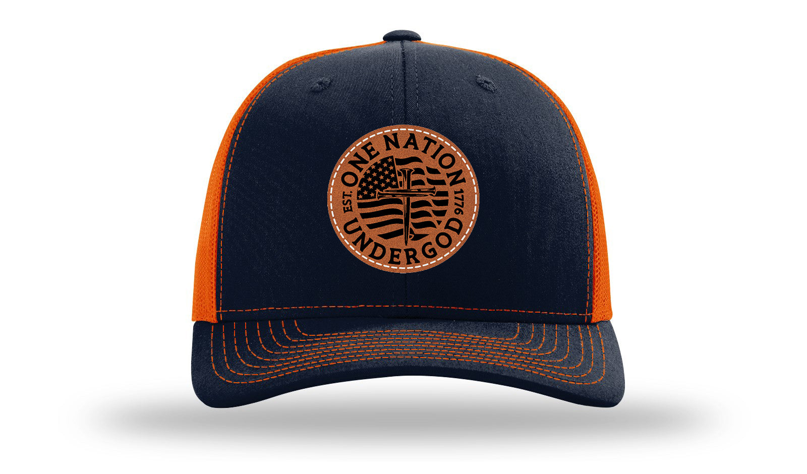 One Nation Under God Leather Patch Richardson 112 Hat-Navy / Orange