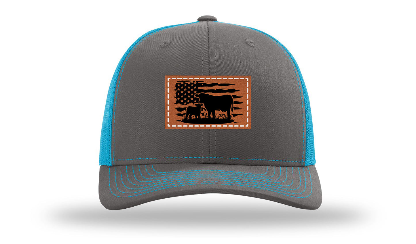 Cow Flag Leather Patch Richardson 112 Hat-Charcoal / Neon Blue