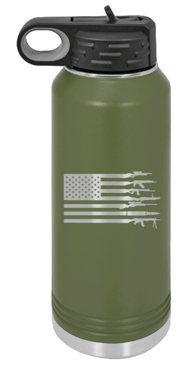 Gun Flag - 32oz Water Bottle Laser Engraved- Olive