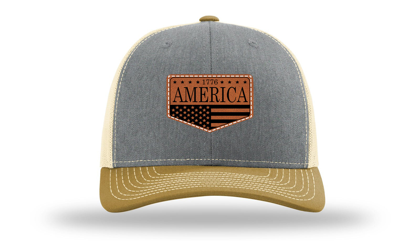 1776  America Leather Patch Richardson 112 Hat-Heather Grey / Birch / Amber Gold