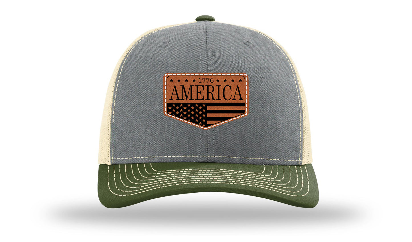 1776  America Leather Patch Richardson 112 Hat-Heather Grey / Birch / Army Olive