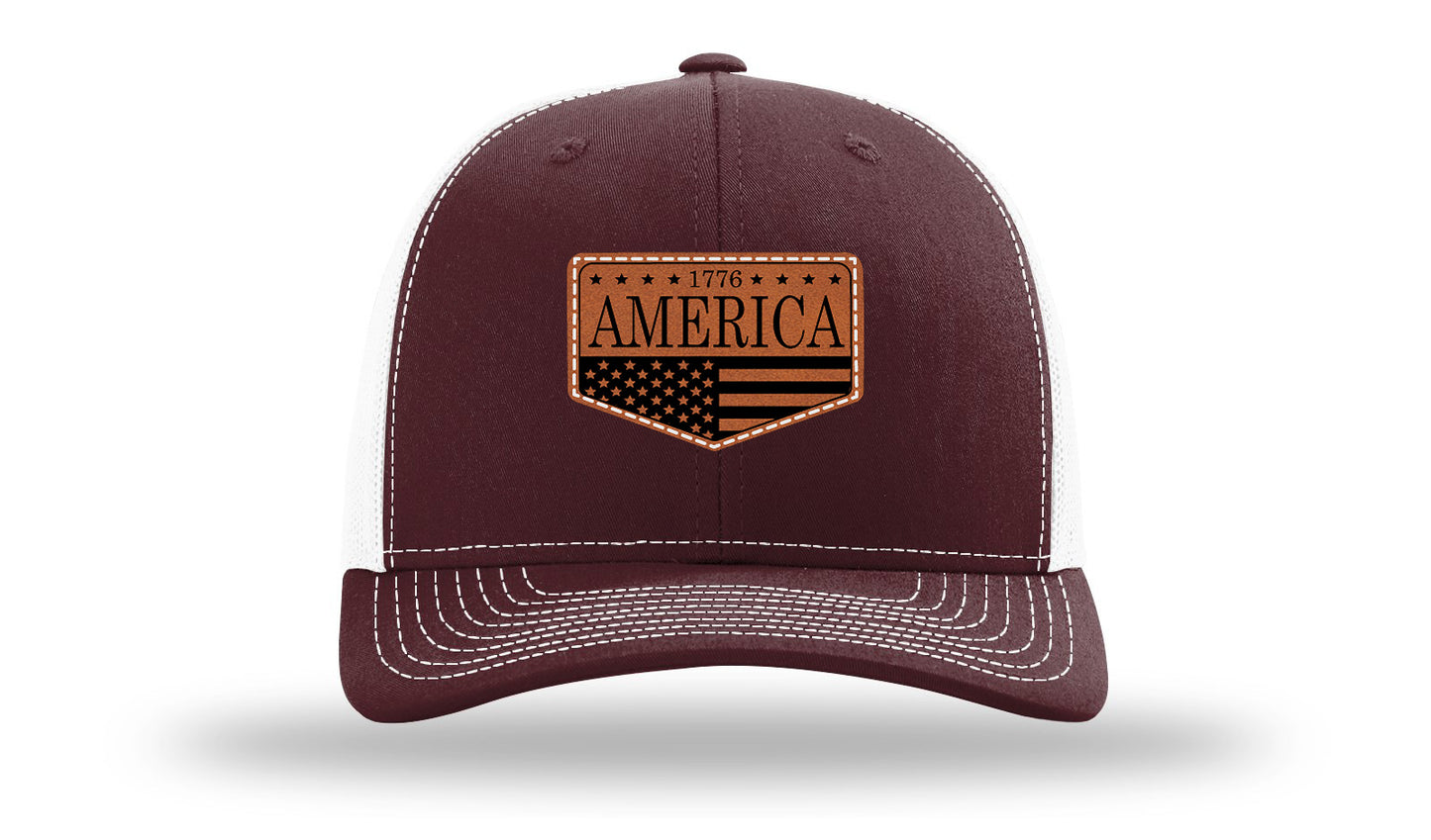 1776  America Leather Patch Richardson 112 Hat-Maronn / White