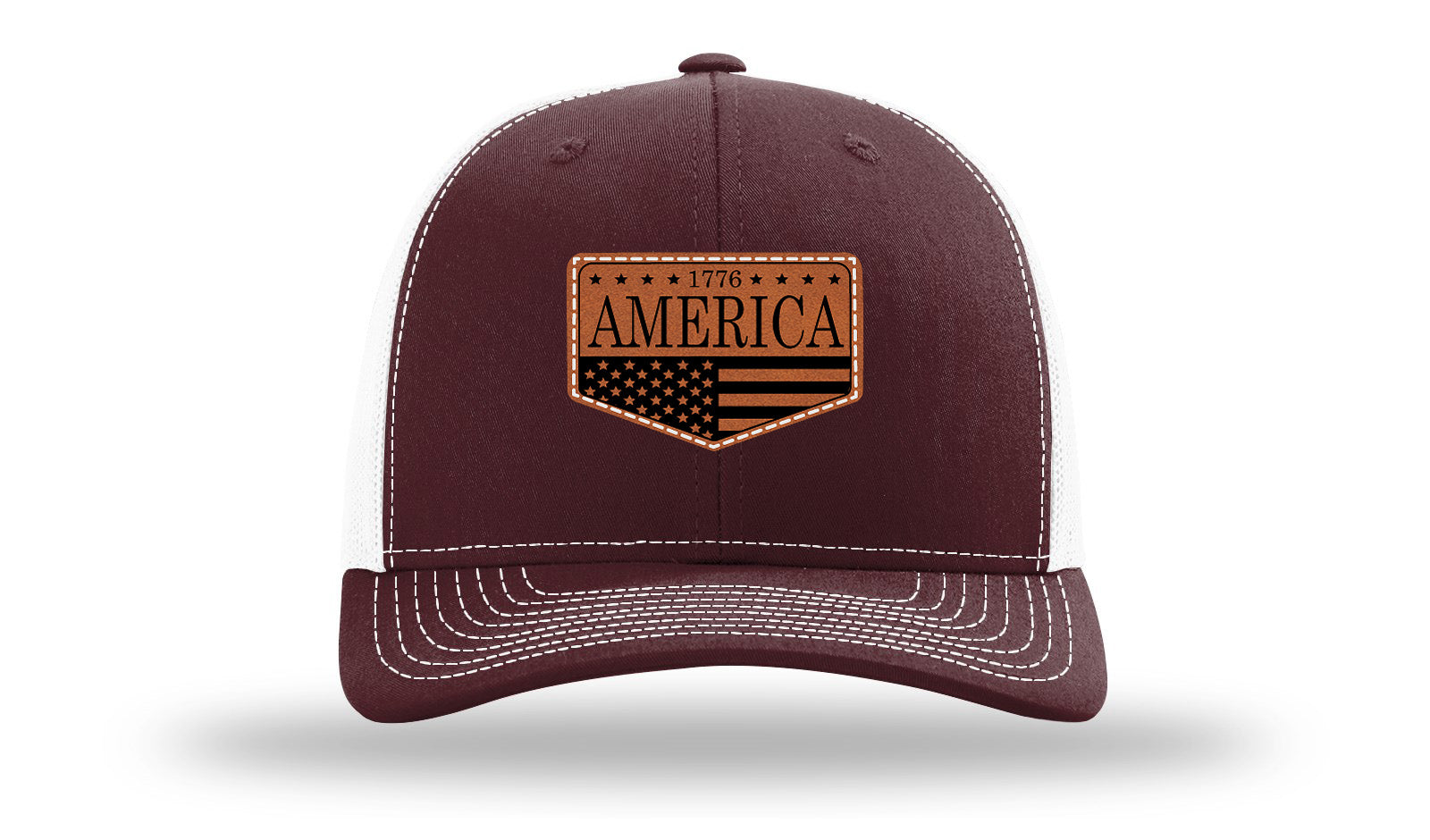 1776  America Leather Patch Richardson 112 Hat-Maronn / White