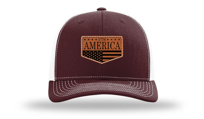 1776  America Leather Patch Richardson 112 Hat-Maronn / White