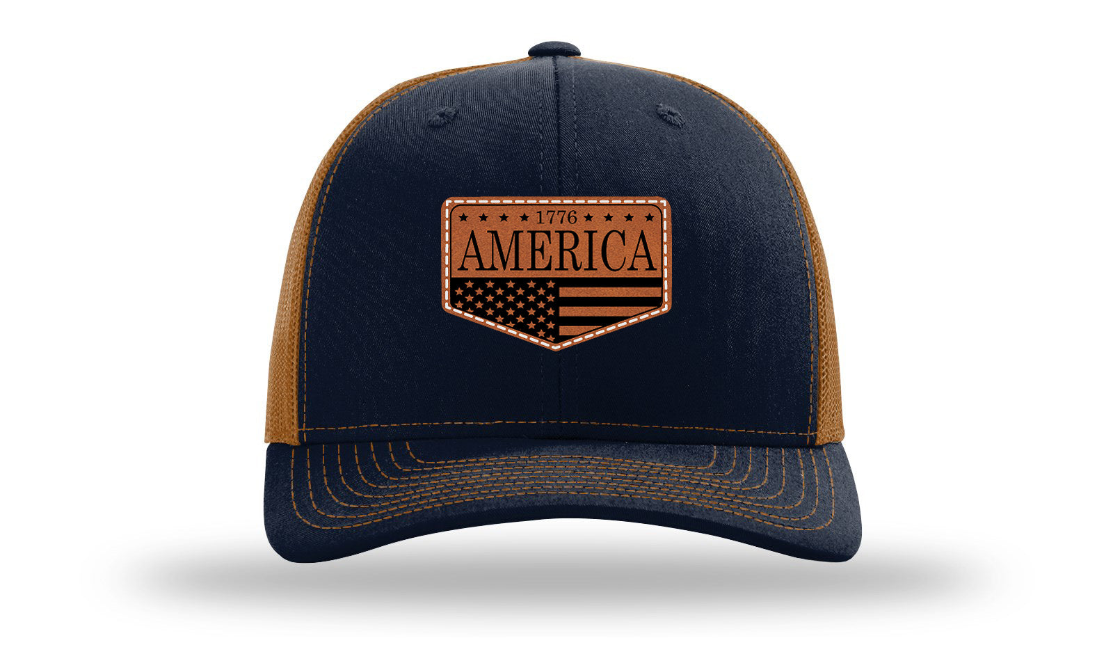1776  America Leather Patch Richardson 112 Hat-Navy / Caramel
