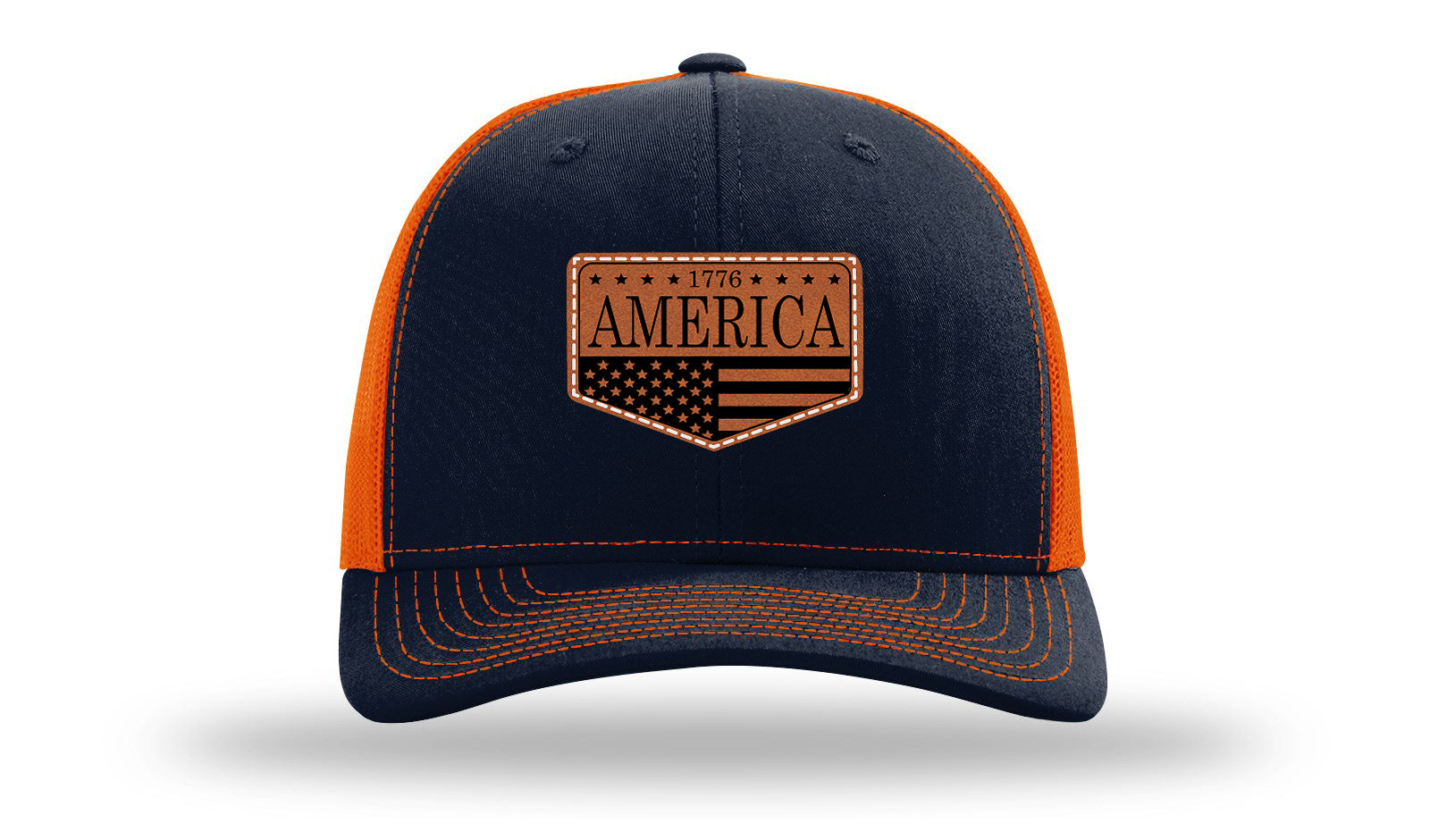 1776  America Leather Patch Richardson 112 Hat-Navy / Orange