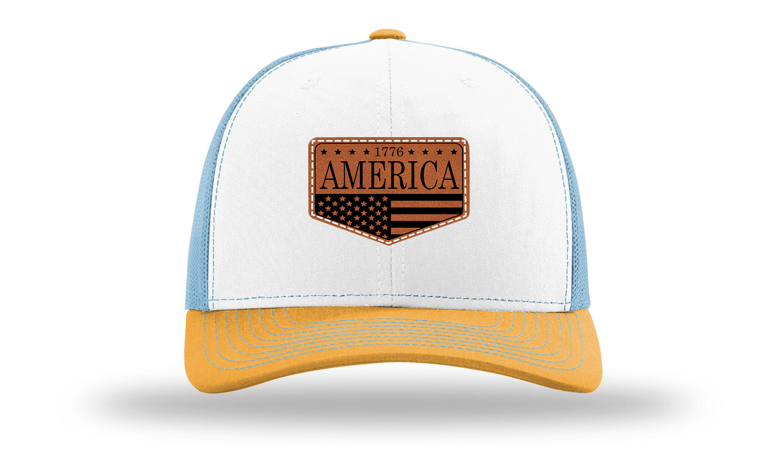 1776  America Leather Patch Richardson 112 Hat-White / Columbia Blue / Yellow