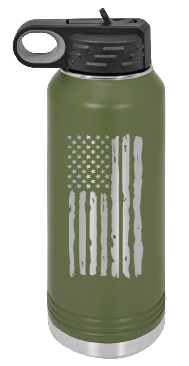 Distressed Flag - 32oz Water Bottle Laser Engraved- Olive