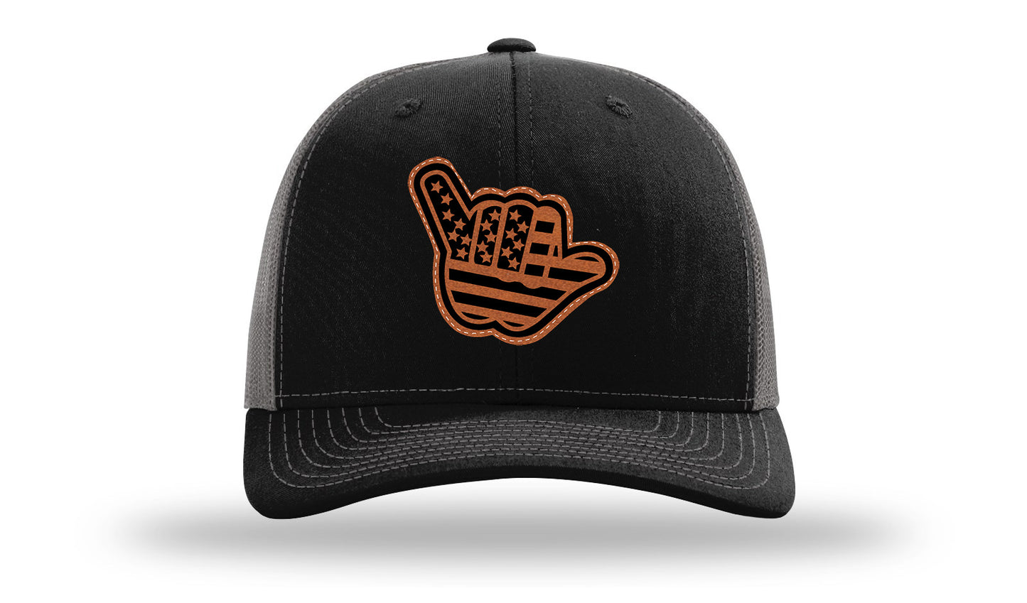 Shaka American Flag Leather Patch Richardson 112 Hat-Black / Charcoal