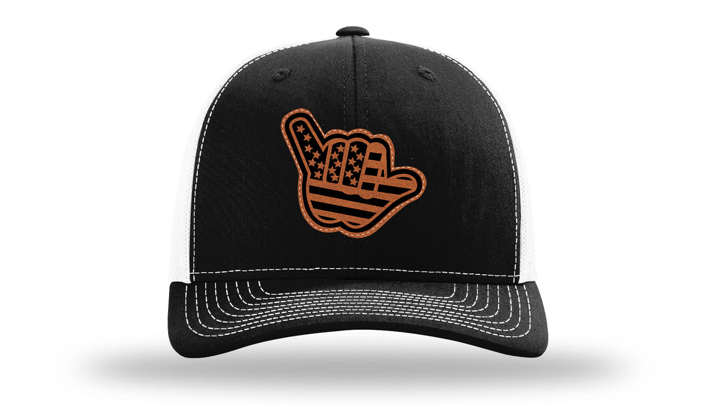 Shaka American Flag Leather Patch Richardson 112 Hat-Black / White