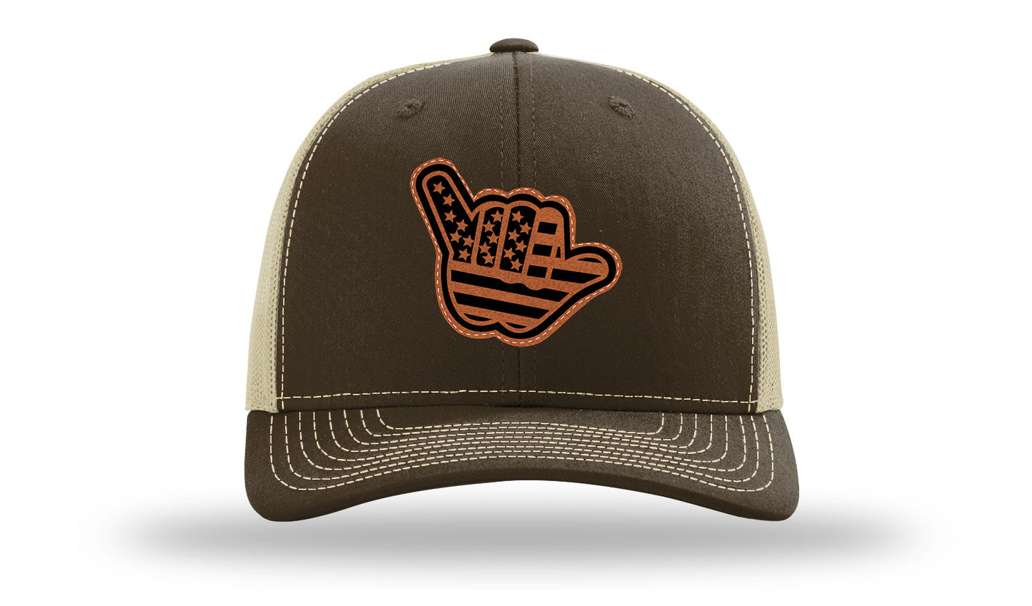 Shaka American Flag Leather Patch Richardson 112 Hat-Brown / Khaki