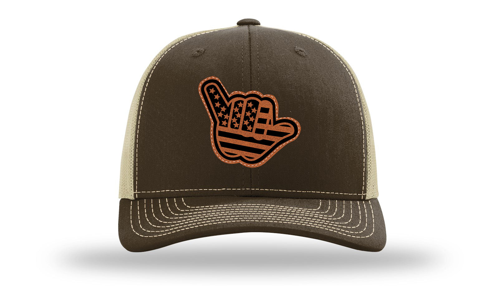Shaka American Flag Leather Patch Richardson 112 Hat-Brown / Khaki