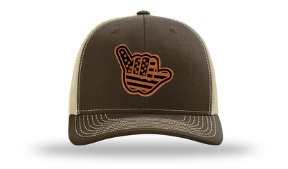 Shaka American Flag Leather Patch Richardson 112 Hat-Brown / Khaki