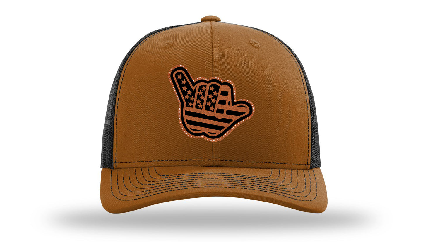 Shaka American Flag Leather Patch Richardson 112 Hat-Caramel / Black