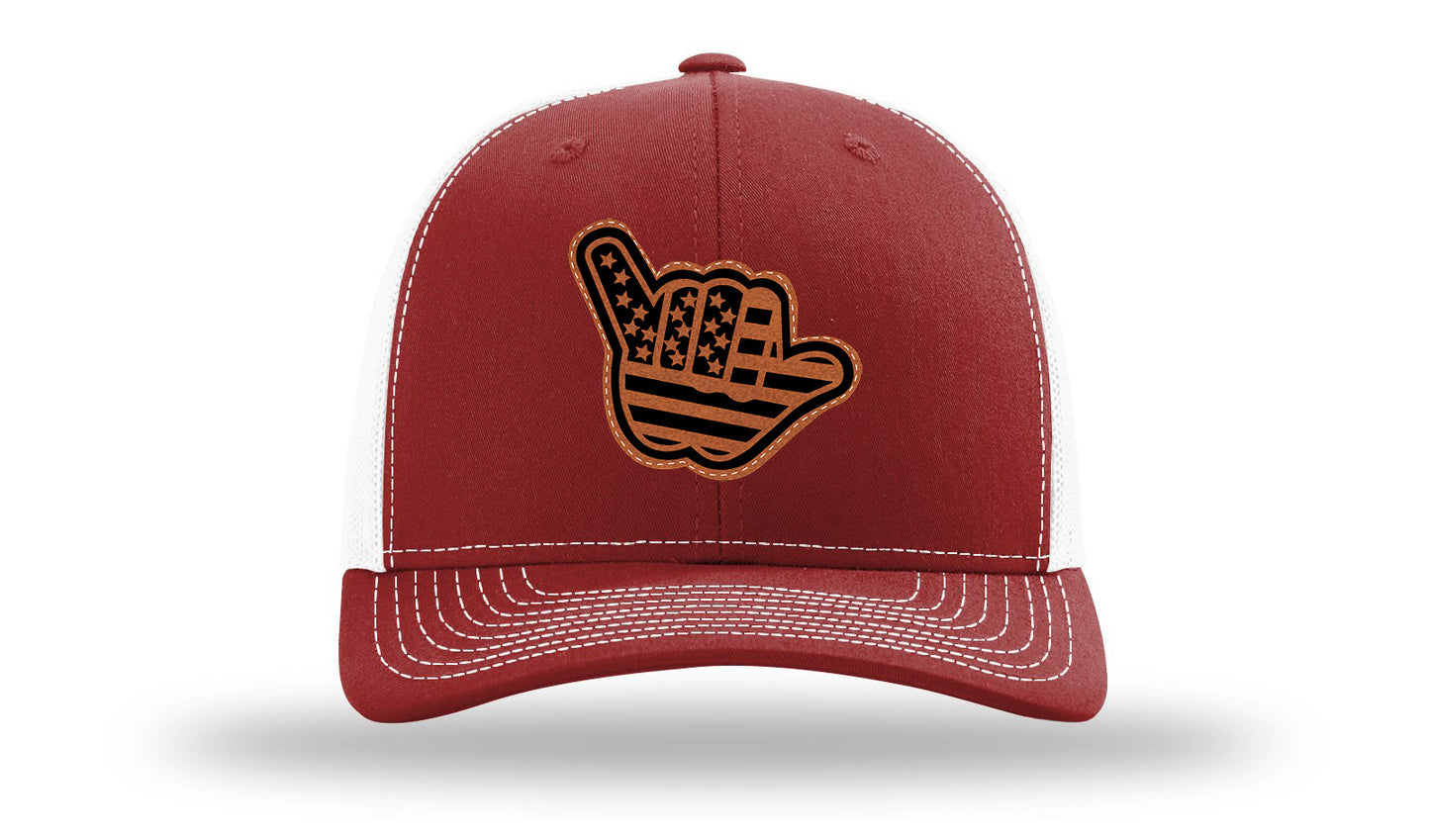 Shaka American Flag Leather Patch Richardson 112 Hat-Cardinal / White