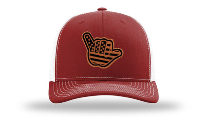 Shaka American Flag Leather Patch Richardson 112 Hat-Cardinal / White