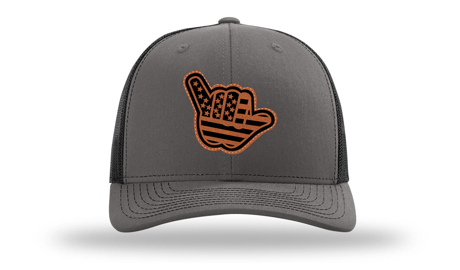 Shaka American Flag Leather Patch Richardson 112 Hat-Charcoal / Black