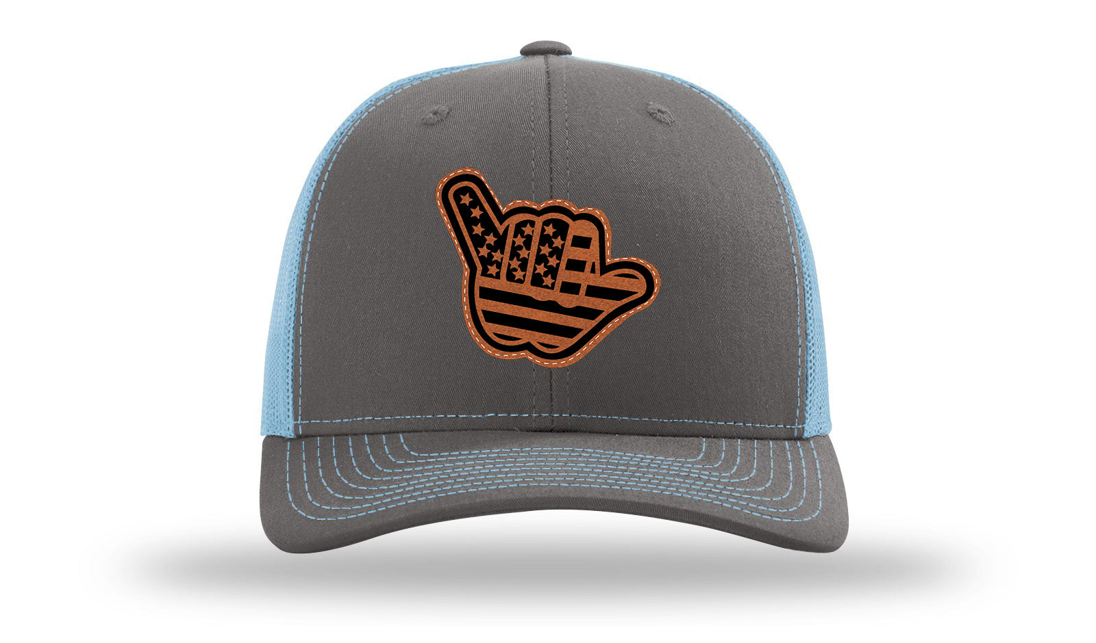 Shaka American Flag Leather Patch Richardson 112 Hat-Charcoal / Columbia Blue