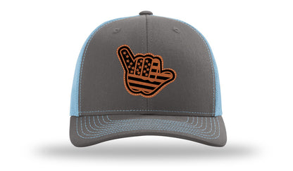 Shaka American Flag Leather Patch Richardson 112 Hat-Charcoal / Columbia Blue