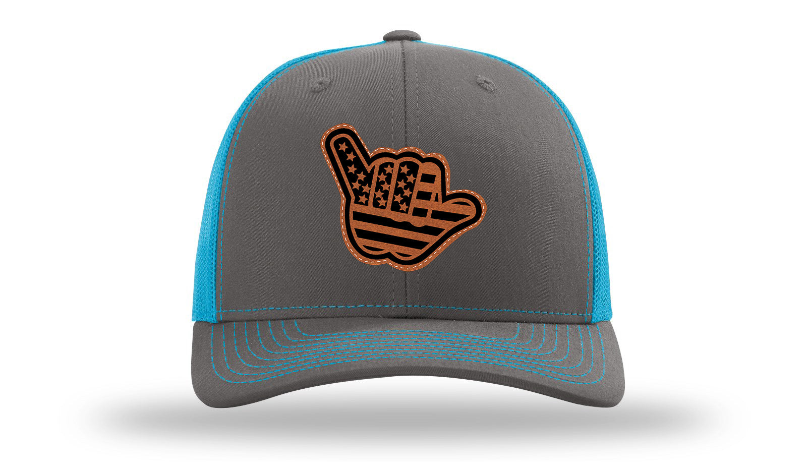 Shaka American Flag Leather Patch Richardson 112 Hat-Charcoal / Neon Blue