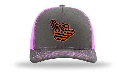Shaka American Flag Leather Patch Richardson 112 Hat-Charcoal / Neon Pink