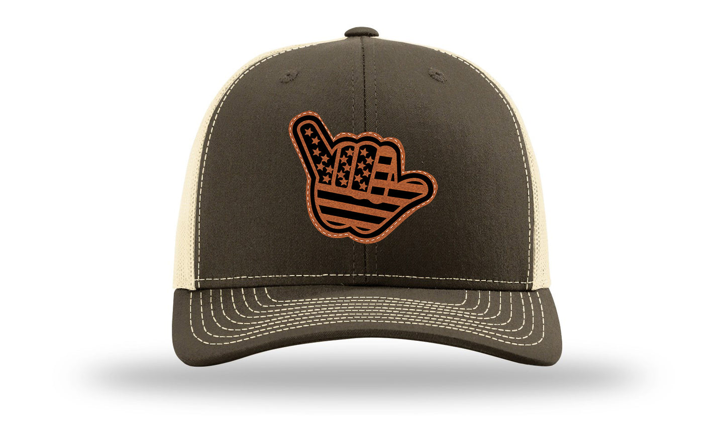 Shaka American Flag Leather Patch Richardson 112 Hat-Chocolate Chip/  Birch
