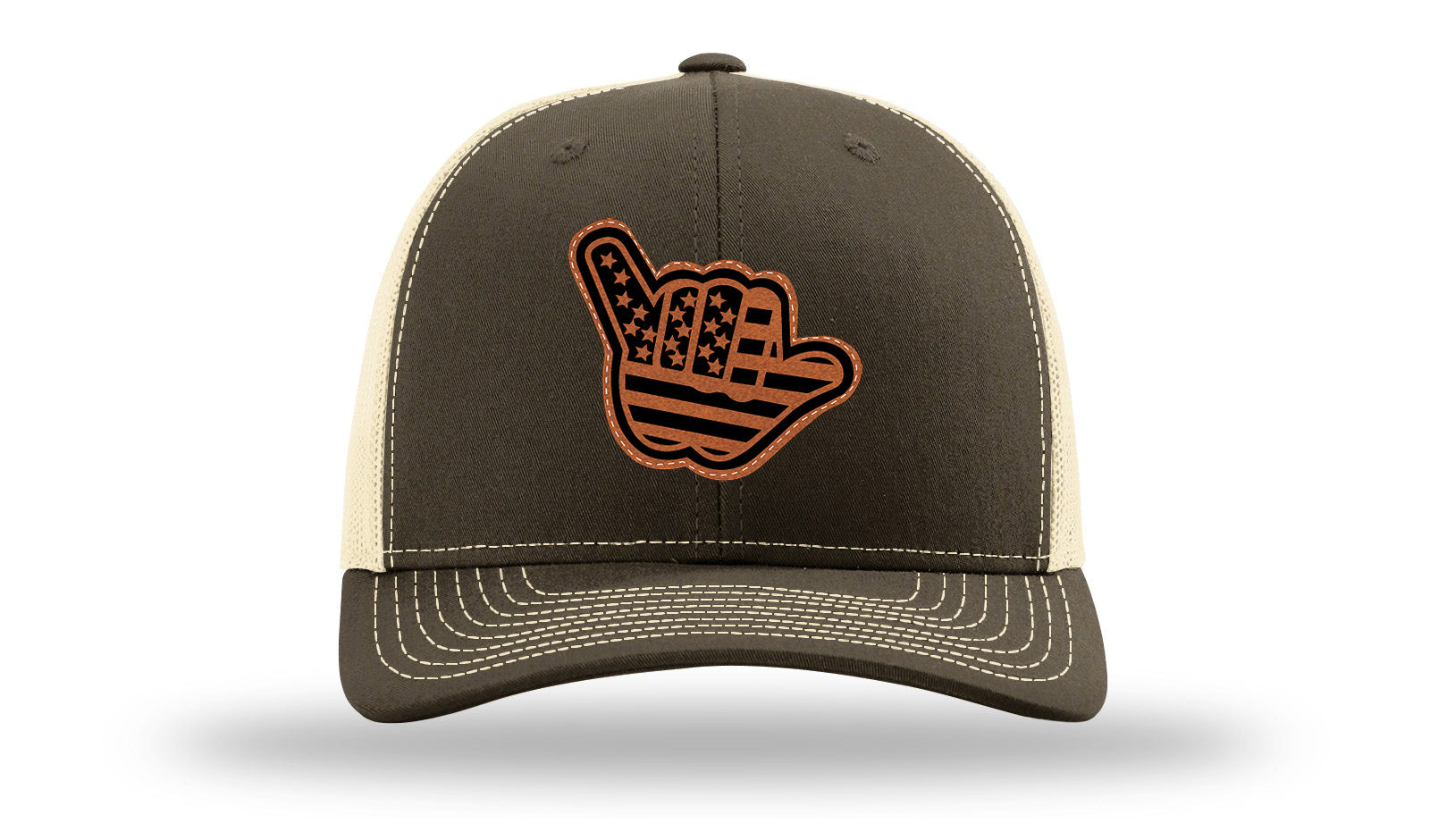 Shaka American Flag Leather Patch Richardson 112 Hat-Chocolate Chip/  Birch