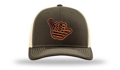 Shaka American Flag Leather Patch Richardson 112 Hat-Chocolate Chip/  Birch