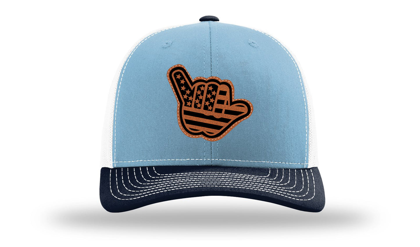 Shaka American Flag Leather Patch Richardson 112 Hat-Columbia Blue / White / Navy