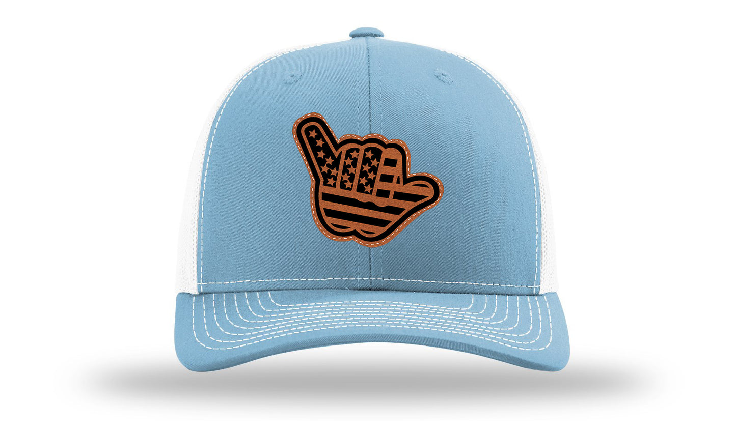 Shaka American Flag Leather Patch Richardson 112 Hat-Columbia Blue / White