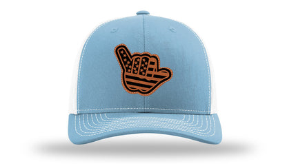 Shaka American Flag Leather Patch Richardson 112 Hat-Columbia Blue / White