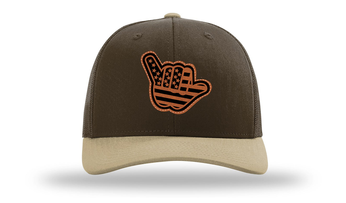 Shaka American Flag Leather Patch Richardson 112 Hat-Brown / Khaki - CMB