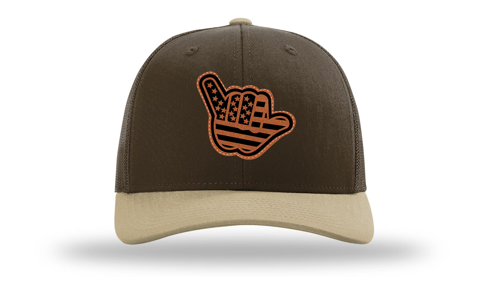 Shaka American Flag Leather Patch Richardson 112 Hat-Brown / Khaki - CMB