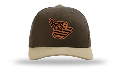 Shaka American Flag Leather Patch Richardson 112 Hat-Brown / Khaki - CMB