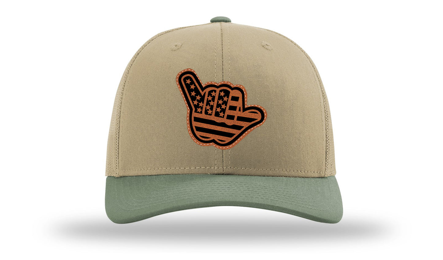 Shaka American Flag Leather Patch Richardson 112 Hat-Khaki / Loden - CMB