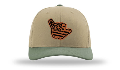 Shaka American Flag Leather Patch Richardson 112 Hat-Khaki / Loden - CMB