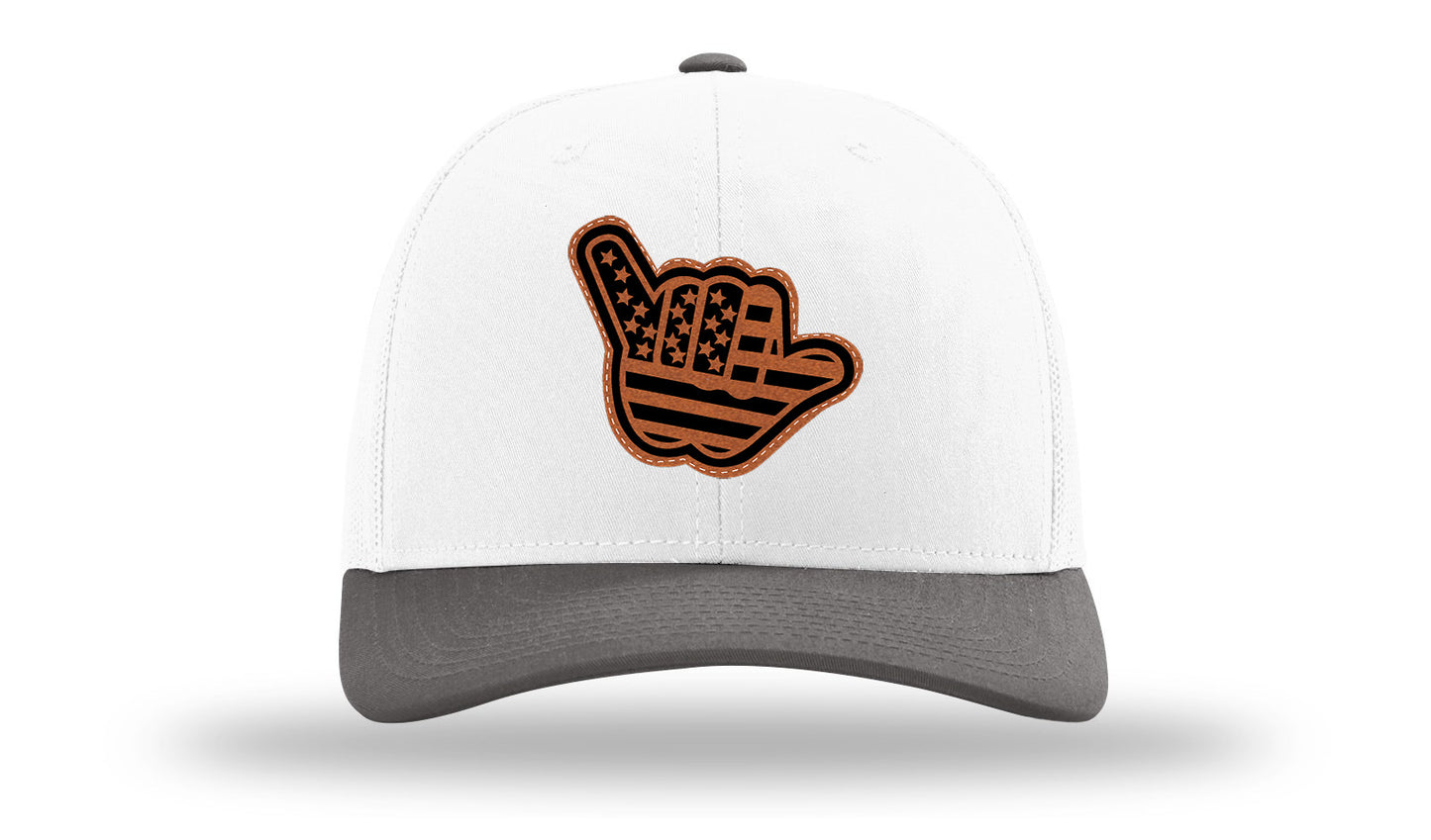 Shaka American Flag Leather Patch Richardson 112 Hat-White / Charcaol - CMB 