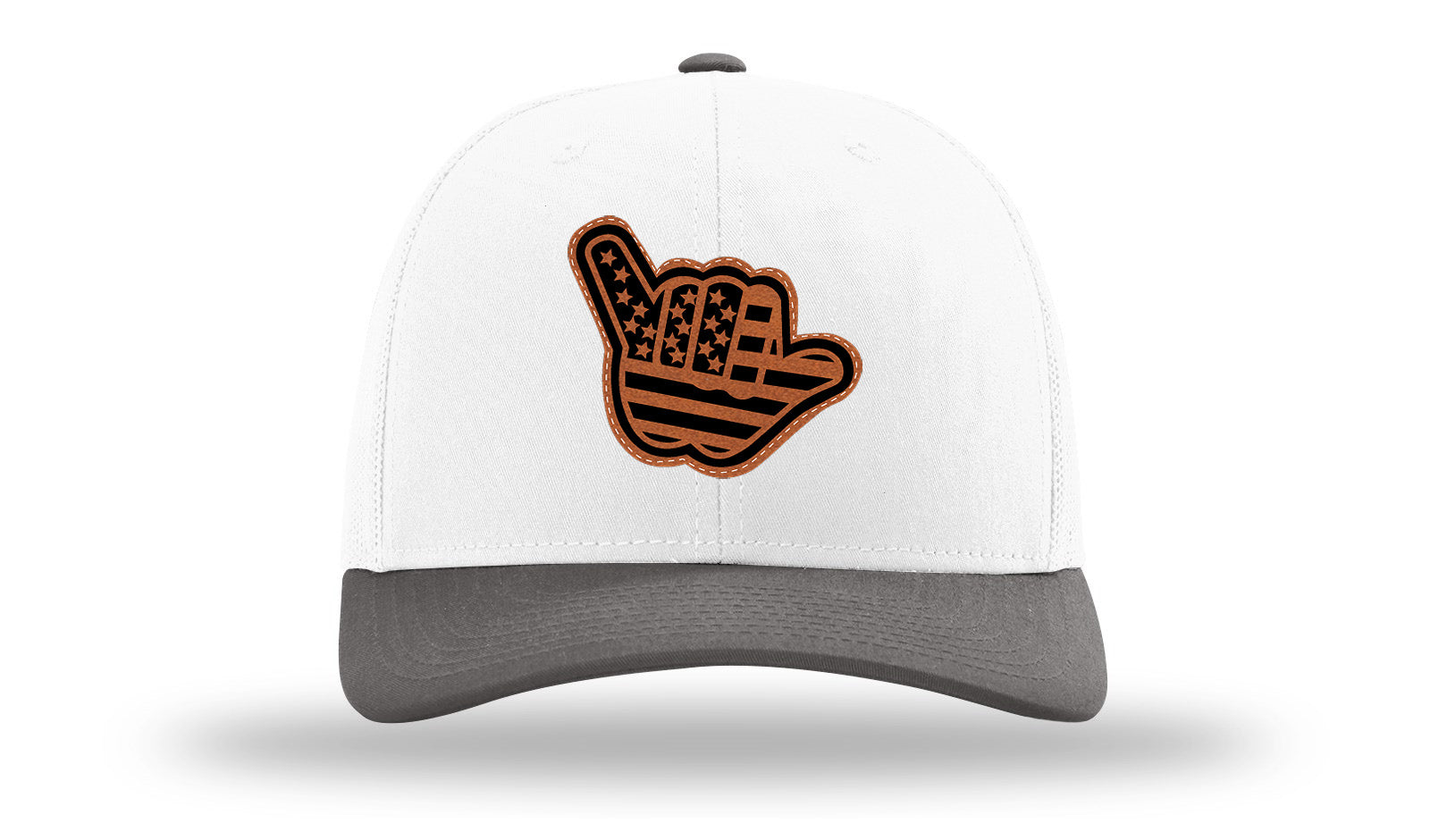 Shaka American Flag Leather Patch Richardson 112 Hat-White / Charcaol - CMB 