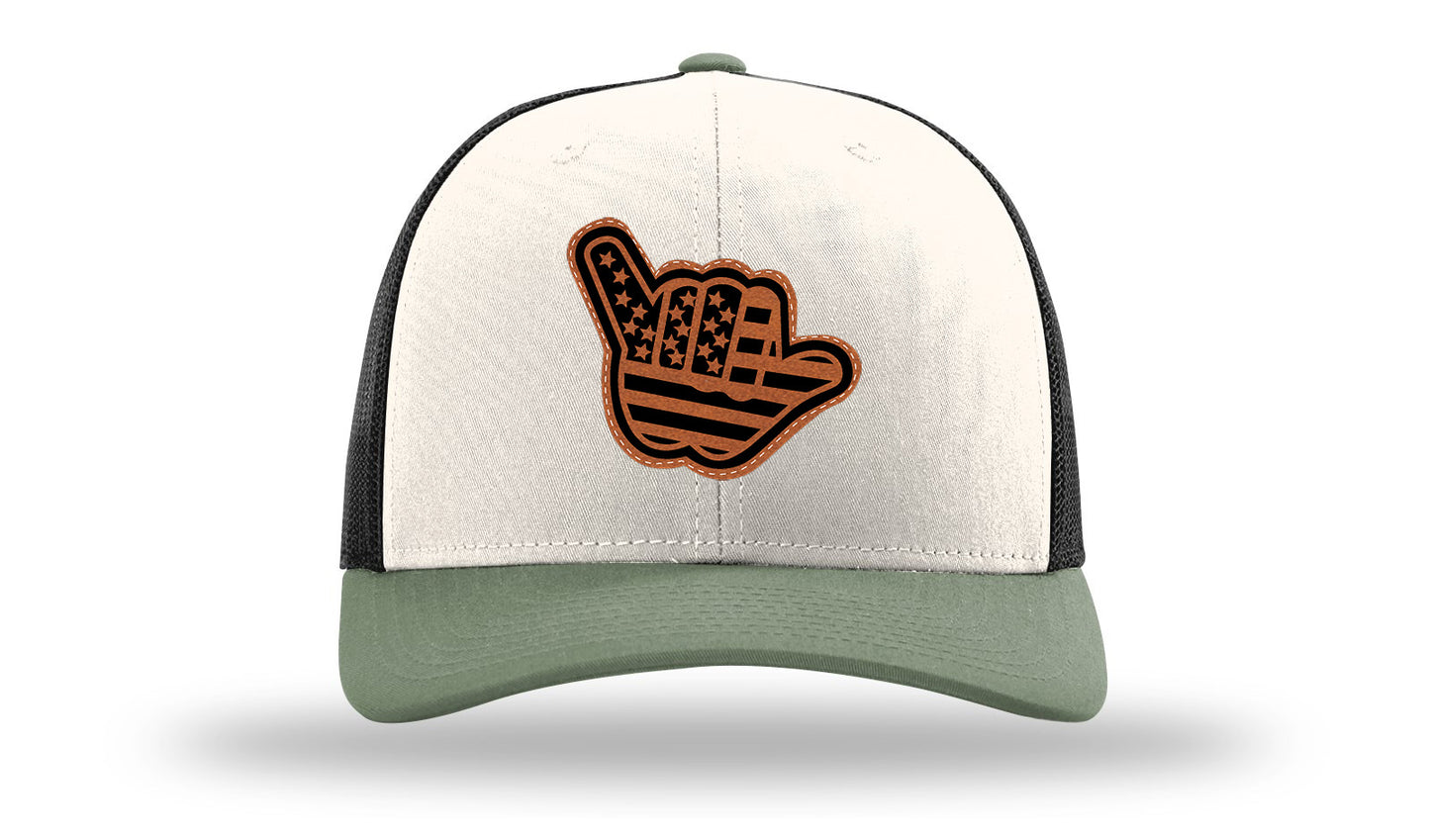 Shaka American Flag Leather Patch Richardson 112 Hat-Cream / Black / Loden