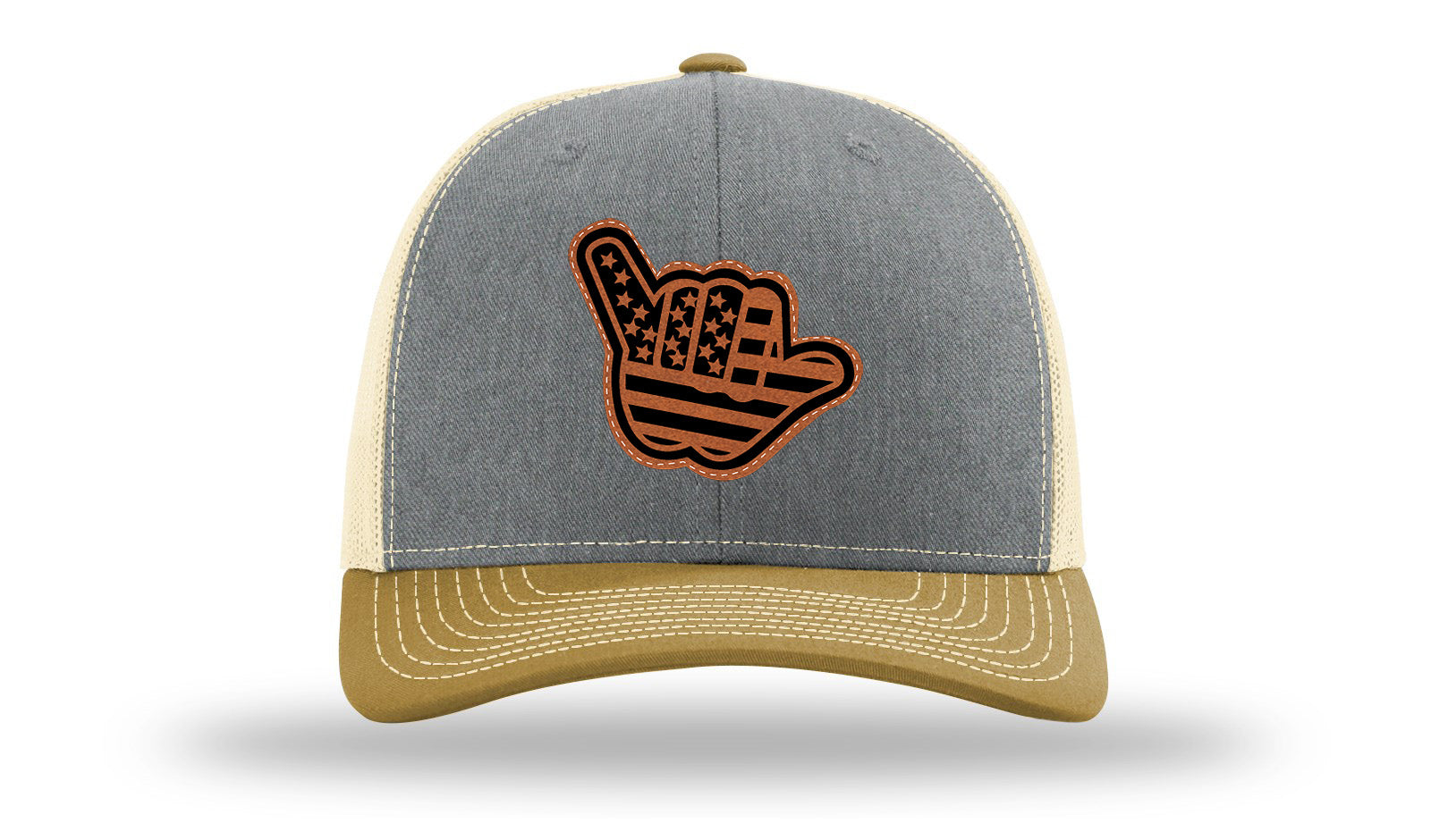 Shaka American Flag Leather Patch Richardson 112 Hat-Heather Grey / Birch / Amber Gold