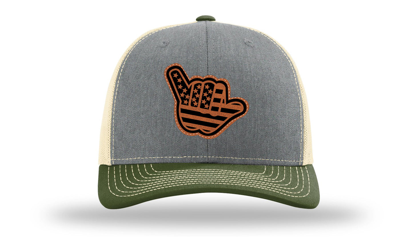 Shaka American Flag Leather Patch Richardson 112 Hat-Heather Grey / Birch / Army Olive