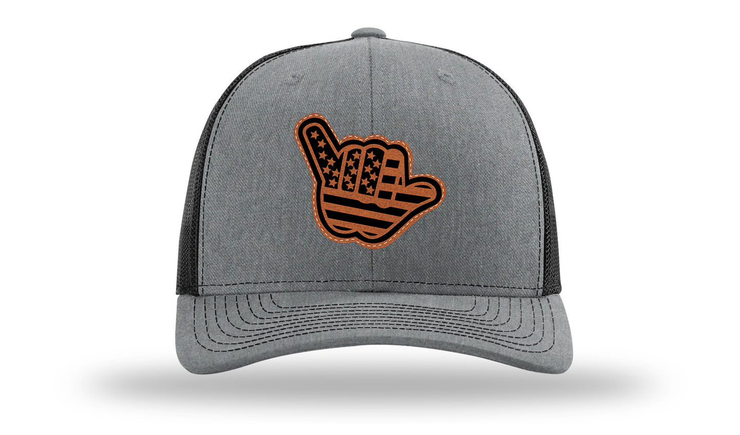Shaka American Flag Leather Patch Richardson 112 Hat-Heather Grey / Black