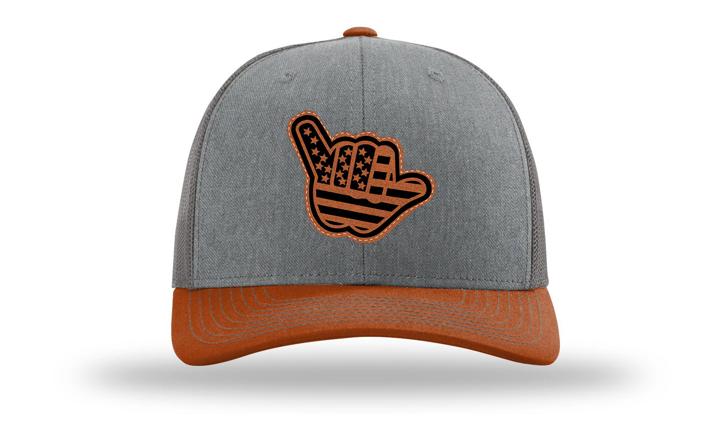 Shaka American Flag Leather Patch Richardson 112 Hat-Heather Grey / Charcoal / Dark Orange