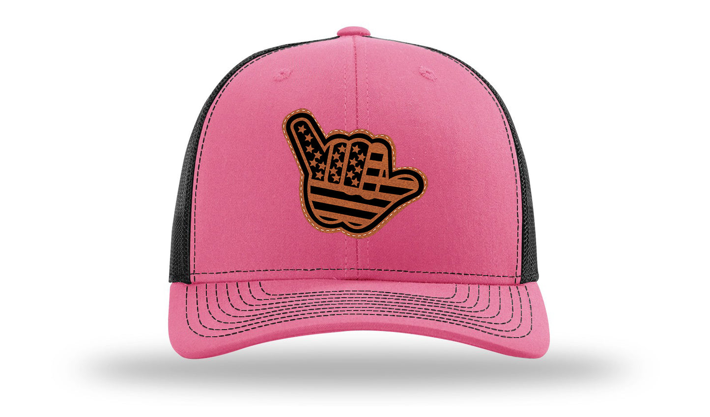 Shaka American Flag Leather Patch Richardson 112 Hat-Hot Pink / Black