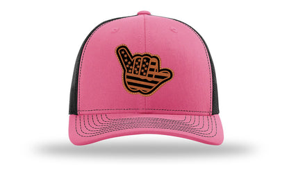 Shaka American Flag Leather Patch Richardson 112 Hat-Hot Pink / Black
