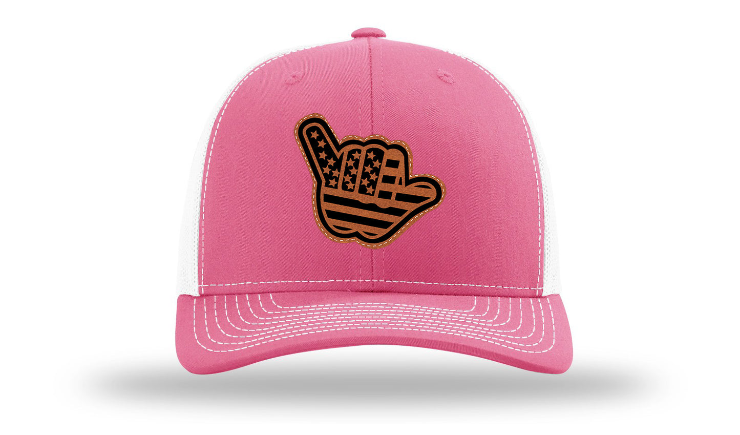 Shaka American Flag Leather Patch Richardson 112 Hat-Hot Pink / White
