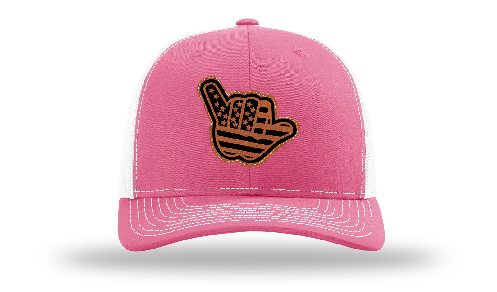Shaka American Flag Leather Patch Richardson 112 Hat-Hot Pink / White